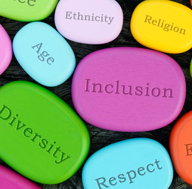 Coloured flat oval shapes with words like respect, inclusion, age, ethnicity on them